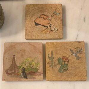 3 Vintage Hand-Painted Stone Stone Native American Coasters and Holder